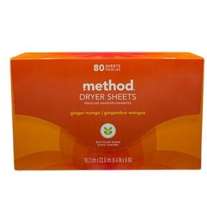 Method Dryer Sheets Ginger Mango Plant Based Orange Box 80 Sheets Laundry